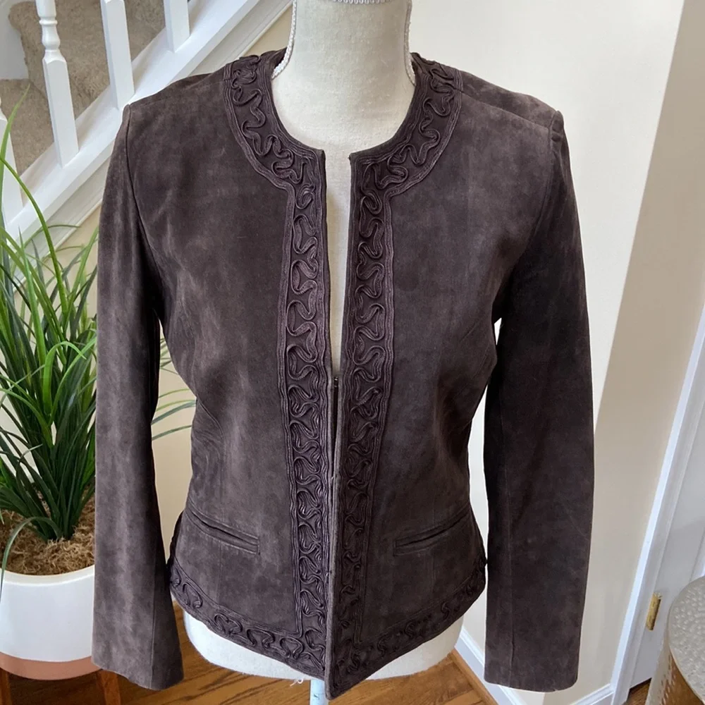 Chico's Chocolate Brown Suede Leather Jacket SZ 1 - Picture 1 of 12